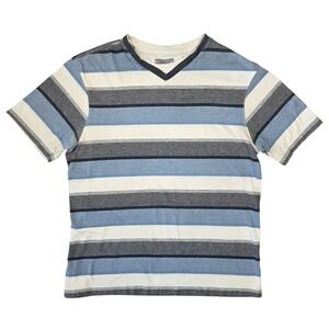 Method Mens Y2k Striped V-Neck Short Sleeve‎ T-Shirt L Layered Look Grunge Punk